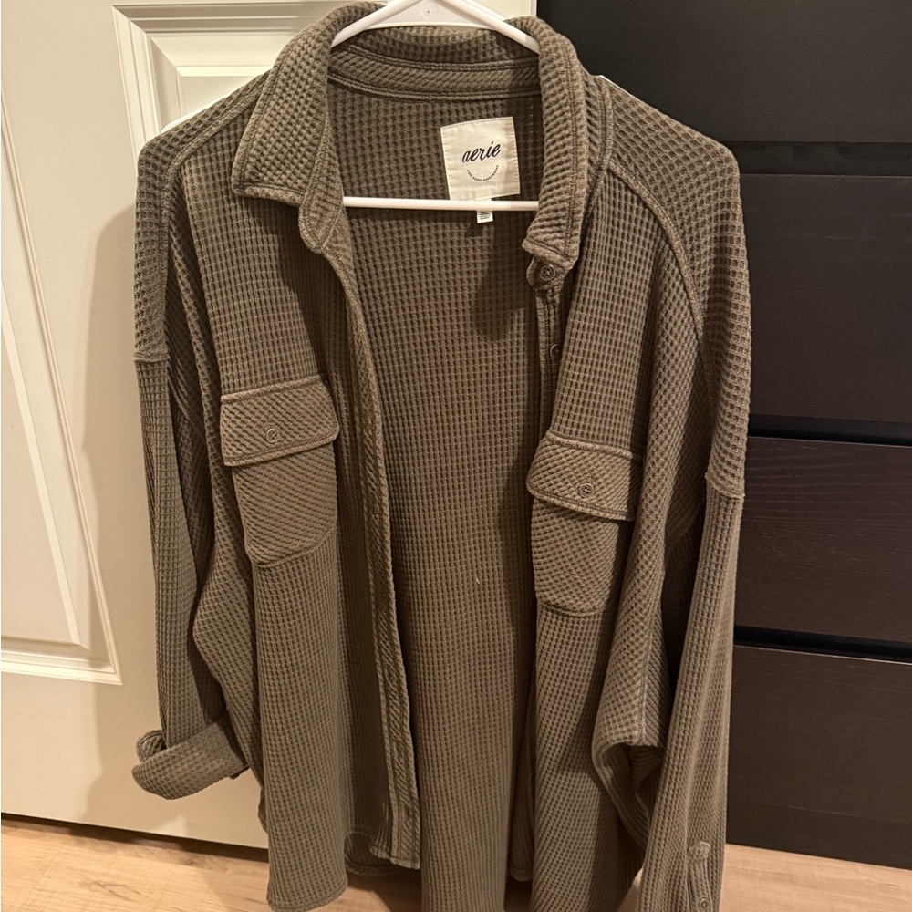 Aerie Women's Khaki Waffle Button Down Shirt